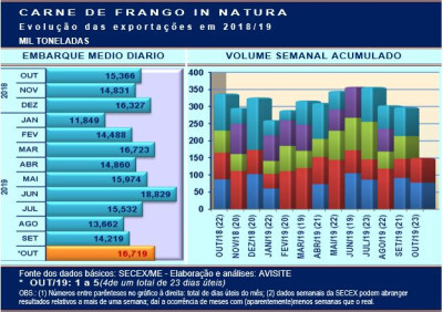 Carne de frango: números da SECEX/ME sugerem embarque de 384,5 mil toneladas em outubro