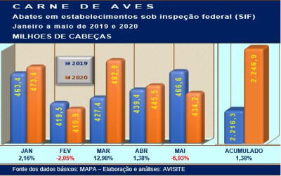 Abates de frango sob SIF aumentam 1,38% nos cinco primeiros meses de 2020