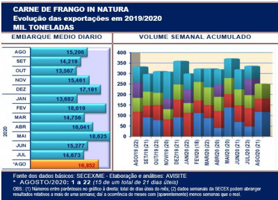 Embarques de frango chegam às 252 mil/t; mais 100 mil/t podem ser exportadas ainda em agosto