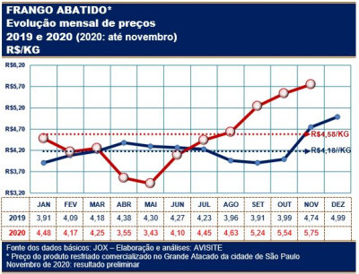 Desempenho do frango abatido em novembro e nos 11 primeiros meses de 2020