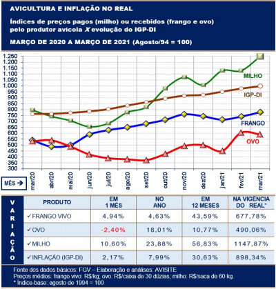 Frango, ovo, milho e inflação em março de 2021 e na vigência do Real