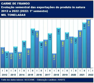 Carne de frango: recorde semestral no volume exportado entre janeiro e junho de 2022