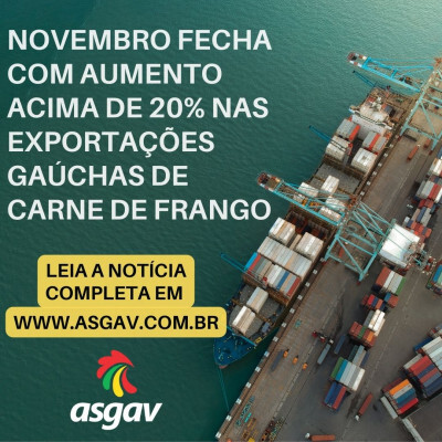 Novembro fecha com aumento acima de 20% nas exportações gaúchas de carne de frango